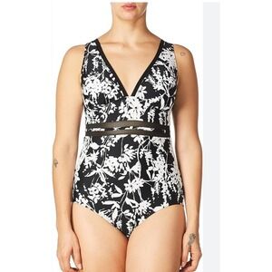 Tommy Hilfiger Black Floral Print V-Neck One Piece Swimsuit Womens 8 Mesh Insert
